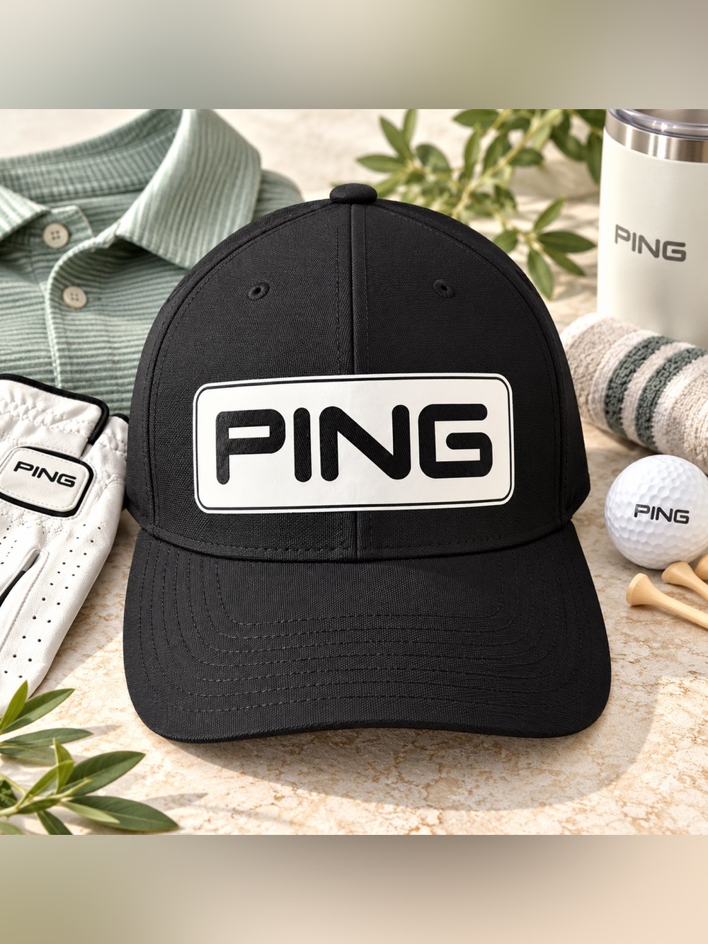 PING Golf FlexFit 110 Black Snapback Hat White Logo Adjustable Performance Cap